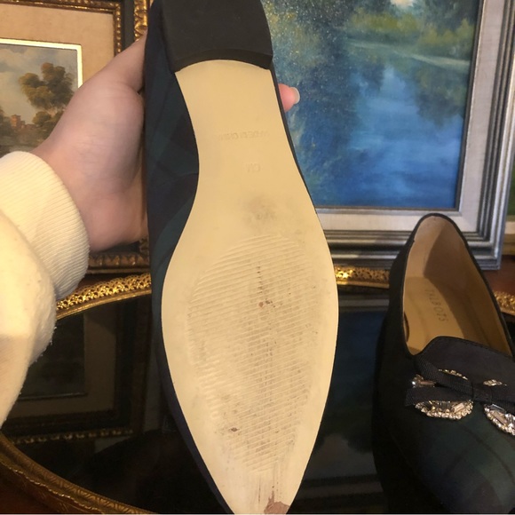 🎁 2 FOR $60 Talbots Blue & Green Plaid Pointed Toe Flats Rhinestone Bow - Picture 8 of 13
